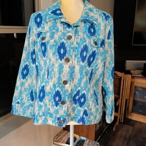 Chico's Blue and White With Silver Thread Ikat Patterned Jean Jacket Size 2